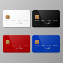 Realistic white, black, red and blue credit card mockup template with shadow, vector illustration