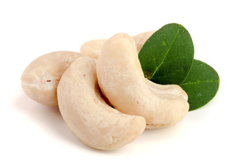 cashew nuts with leaf isolated on white background. macro