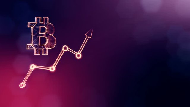 Sign of bitcoin and growing schedule. Financial background made of glow particles as vitrtual hologram. Shiny 3D loop animation with depth of field, bokeh and copy space.Violet background 1
