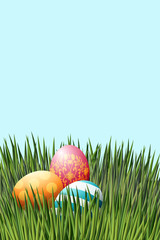 Easter eggs lie in green grass. Realistic 3d, colored with a lacy pattern. For congratulations and banners. The vector illustration.