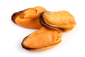 three mussel without shell isolated on white background
