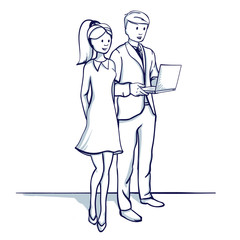 Young business people: a man and a woman are discussing the business process. Hold the laptop in their hand. Hand drawn doodle cartoon vector illustration..