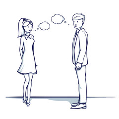 Young business people: a man and a woman are talking. Dialogue, speech. Hand drawn doodle cartoon vector illustration.