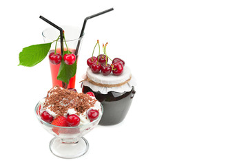 Ripe cherries, jam and juice isolated on white background.