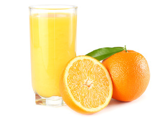 orange juice with orange slices and green leaf isolated on white background. juice in glass