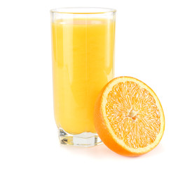 orange juice with orange slices and green leaf isolated on white background. juice in glass