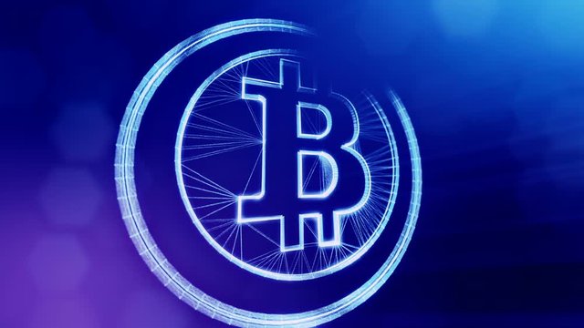 bitcoin logo inside circles like coin. Financial background made of glow particles as vitrtual hologram. Shiny 3D loop animation with depth of field, bokeh and copy space. Blue background 1