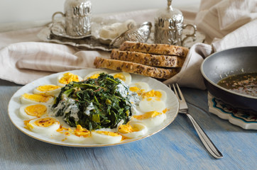 Local food from Eskişehir is included. The roasted spinach leaves are served with garlic yoghurt and boiled eggs.