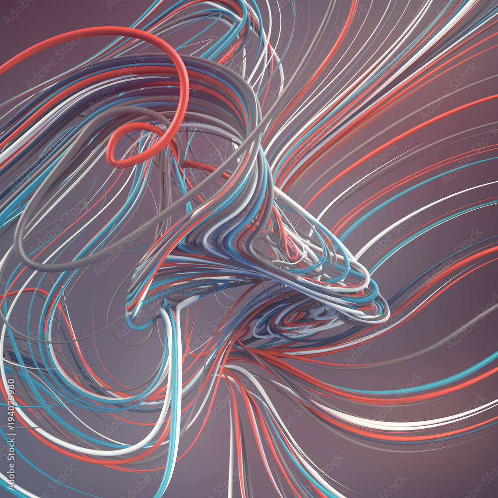 Poster Interlacing abstract blue and red curves. 3D rendering
