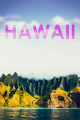 Hawaii travel beach landscape background poster with HAWAII word title written on sky copy space...