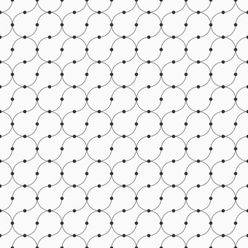 Vector seamless minimalistic pattern of curved lines with dots in nodes.