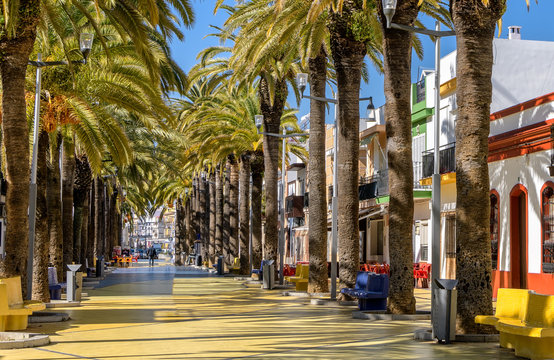 Picturesque Paseo de las Palmeras in old town Isla Cristina, Huelva, Spain.