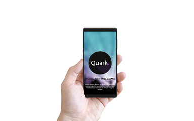 Male holding modern smartphone in left hand with screen mock up