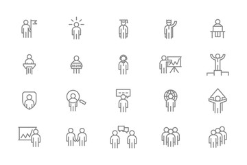 Set of vector human resources and business organization management line icons. Teamwork, presentation, customer support, b2b, search employees, SEO, company security, success and more.