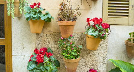 flowerpots street in the tourist island of Mallorca, Valdemosa city in Spain