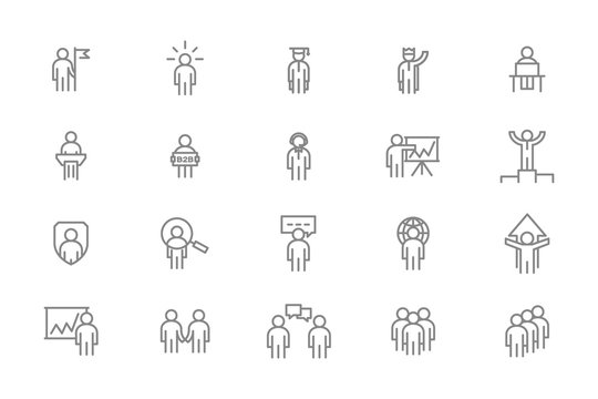 Set of vector human resources and business organization management line icons. Teamwork, presentation, customer support, b2b, search employees, SEO, company security, success and more.