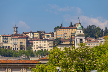 Fototapeta na wymiar Old town view from bottom. Bergamo, Italy. Spring season, daytime.