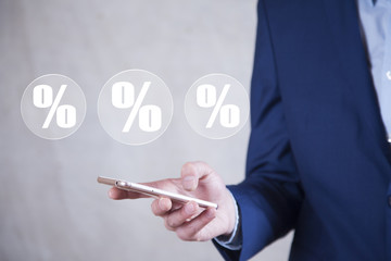 man hand smart phone with percent icon of media screen