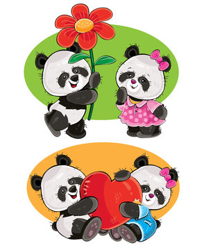 Vector cartoon set with a couple of panda bears in love, with soft red heart and with flower isolated on background. Cute animal characters, clipart for greeting cards, stickers, prints for t-shirt