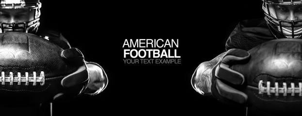 Sport concept. American football sportsman player on black background with copy space. Sport concept. © Mike Orlov