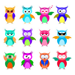 Various cartoon owl emoticon set. Funny owl emoji collection.