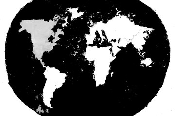 Black and white world map ,painting, isolated on white.A drawing of the children of the planet on a white background. World map on canvas