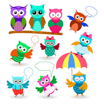 Funny cartoon owls set in different poses and emotions. Ows with speech bubble.