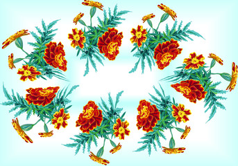 Oval frame from a bouquet of calendula, marigold marriage