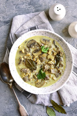 Beef stroganoff - meat stewed with mushrooms in a cream sauce.Top view.