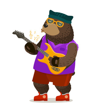 Bear playing electric guitar. Music, rock and roll, musical festival concept. Cartoon vector illustration