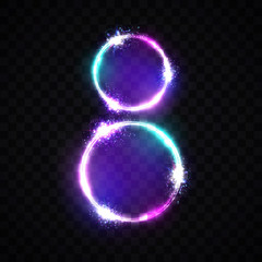 Two neon glowing circles. Bright banner on transparent background. Decoration for international womens day 8 eight march. Greeting card for women day design. Flash light colorful vector illustration.