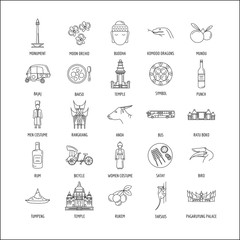 Indonesia line icons set. Vector illustration with Indonesia simbols, food, drink, architecture and religion objects. Elements for web and travel design