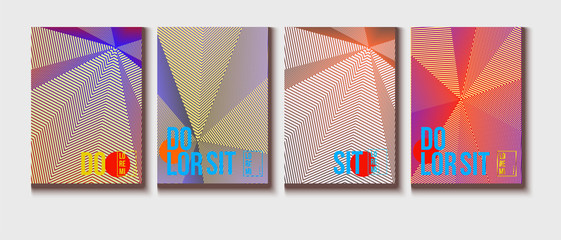 Neon Halftone Covers Set. Trendy Blend Lines Corporate Identity. Futuristic Posters, Geometric Business Backgrounds. Halftone Minimal Presentation Covers. Neon Colored Iridescent Print Design.