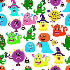 Abstract halloween seamless pattern for girls or boys. Creative vector pattern with a many bright monsters, pumpkin, one-eyed, halloween. Funny halloween monster pattern. Fashion halloween style.