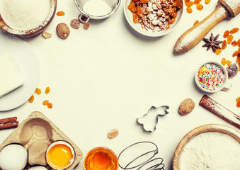 Easter baking ingredients, white food background, top view