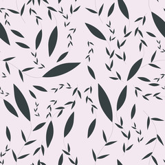 Seamless pattern of decorative twigs with leaves on light background. Vector illustration.