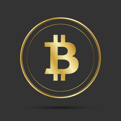 Simple bitcoin icon isolated on grey background, golden bitcoin symbol, crypto currency coin, vector illustration