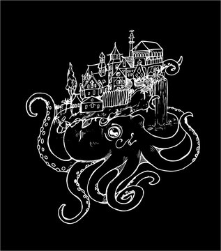 Illustration of an octopus with an old city. Black and white drawing. Chalk on a blackboard.