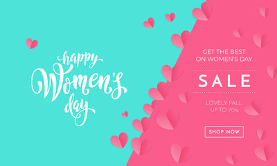 Women's day sale poster or banner for Mother's day holiday shop seasonal discount offer. Vector International Women's Day on 8 March design template of pink hearts pattern on green and pink background