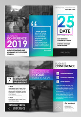 Tri fold Business Brochure. Creative corporate business template for try fold brochure or flyer. Layout with modern elements and abstract green blue purple chameleon background. Concept flyer