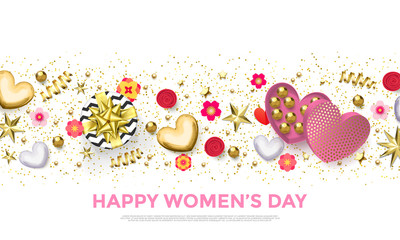Fototapeta premium Women's day greeting card banner of gold heart, gift box decoration with chocolate candy in golden wrapper background for 8 March. Vecto Happy Womens Day background design for poster, banner, flyer