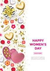 Women's day greeting card poster of gold heart, gift box decoration with chocolate candy in golden wrapper background for 8 March. Vecto Happy Womens Day background design for poster, banner, flyer