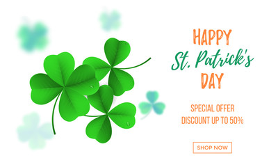 Happy Saint Patrick's day sale banner with shamrock clover on white background. Vector St Patrick sale lettering for Feast of Saint Patrick festival poster day on 17 March. Irich holiday greeting card
