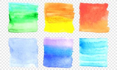 Vector watercolor banner set. Color square smear of watercolour splash stain on transparent background. Round hand drawn watercolor background with yellow, blue, red, pink, orange, green ink color.