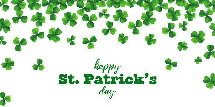 Patrick day background with vector four-leaf clover pattern background. St Patrick day card with lucky fower-leafed green background. Irish beer festival. Vector green grass clover pattern background