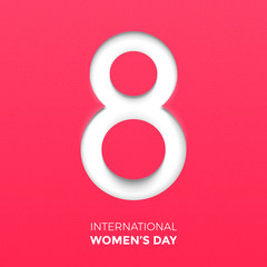 Paper cut out number Eight for 8 March International Women's Day card. Happy Womens Day vector paper cut out number Eight on pink red background. Trendy 3D mothers day greeting card template