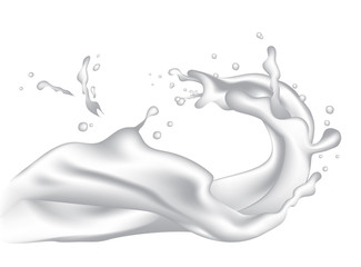 3d realistic twisted milk splash with drops.  Isolated yogurt cream surfing wave on white background. EPS10 Vector