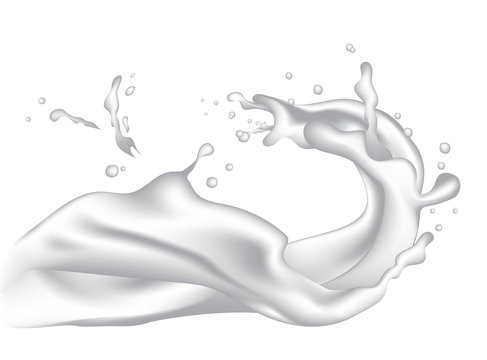 3d realistic twisted milk splash with drops.  Isolated yogurt cream surfing wave on white background. EPS10 Vector