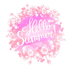 Hello Summer typographical background and flowers
