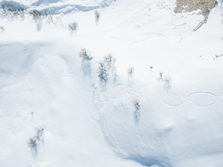 Obraz na płótnie Canvas Aerial view of traces of ski in snow covered landscape